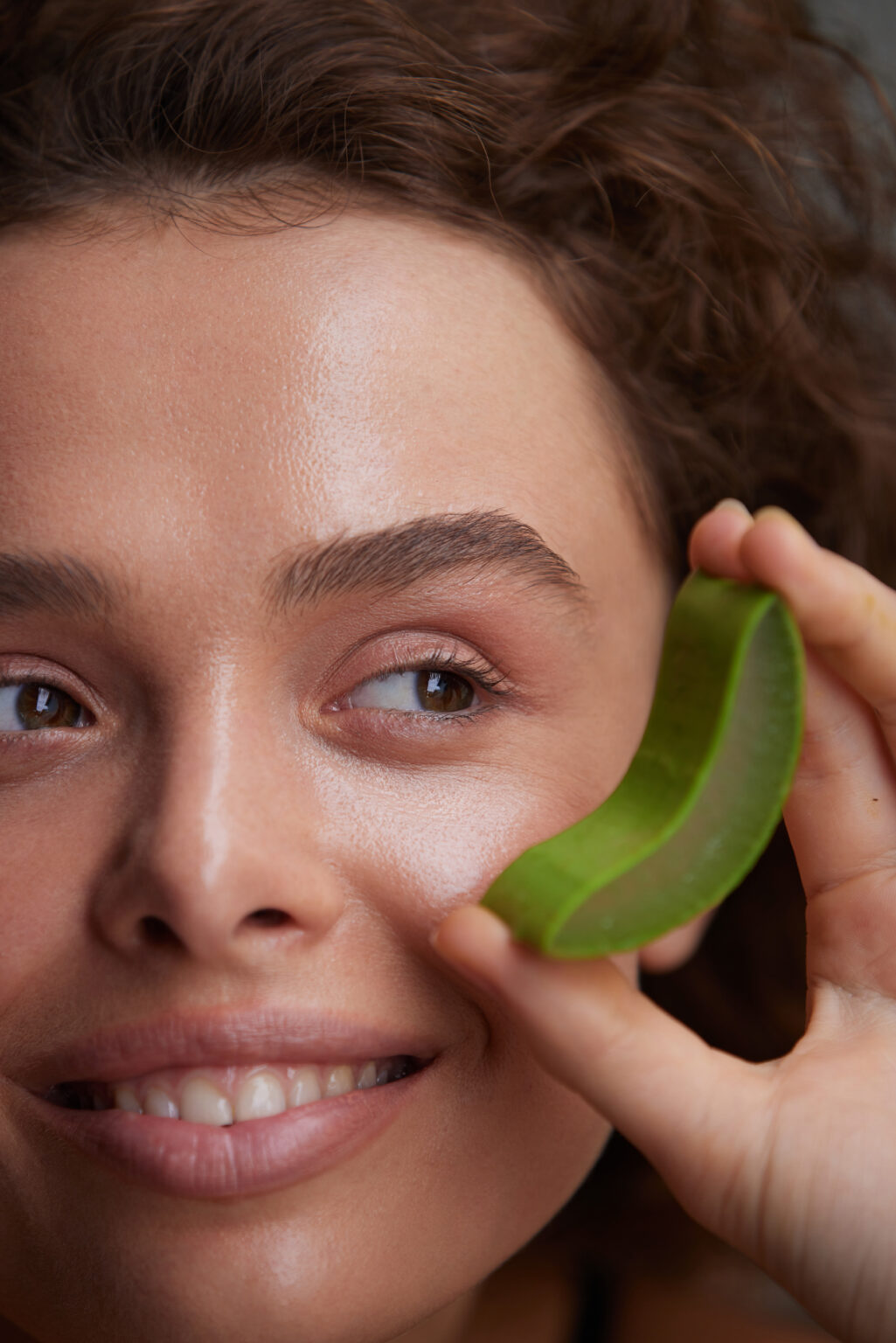 Aloe Woman. Girl Holding Slices Of Fresh Juicy Aloe Vera Leaf Near Her Face. Tender Brunette With Naked Shoulder, Natural Makeup And Perfect Skin. Organic Cosmetic For SPA Therapy